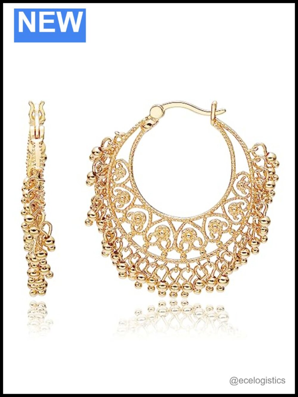 18K Yellow Gold Plated Chandbali Hoop Earrings Filigree Heart